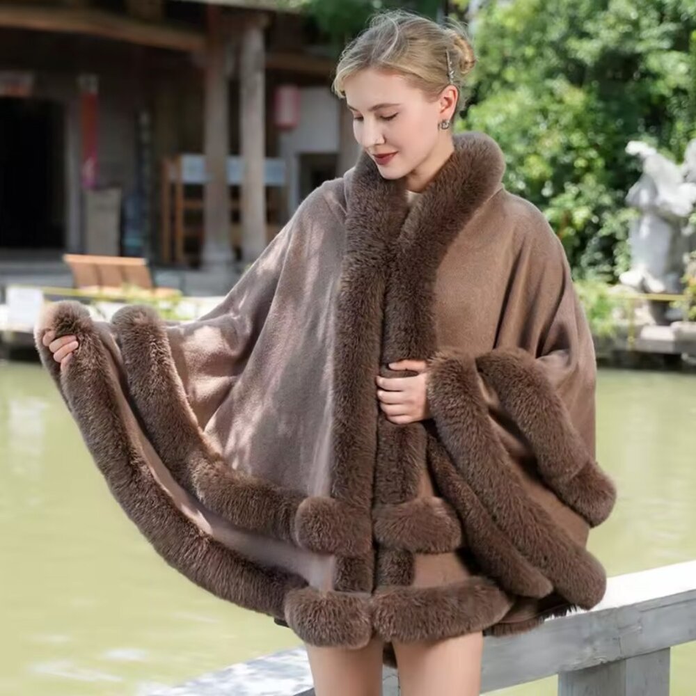 Double Layer Luxury Imitated  Fur Cape Coat Hooded Shawl Winter Women  TAN COLOR